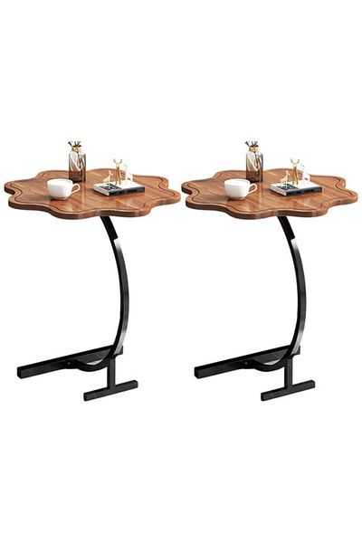Generic 2-Pieces Modern Coffee Table C-Shaped Side Table with Wood Top in Flower Shape and Metal Frame Brown