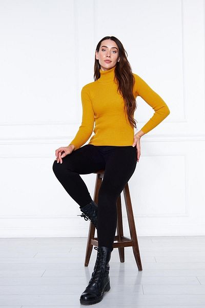 comstar Women's Casual Turtleneck Turtleneck Yellow Ribbed Sweater