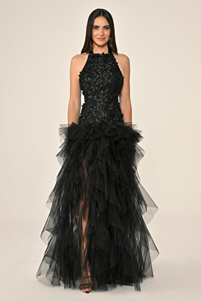 ALFABETA KADIN ABİYE HALTER YAKA 3 BOYUTLU ÇİÇEKLİ BEDEN KATLI TÜL UZUN ŞIK ELBİSE