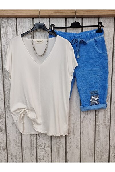 pudubutik Sequined Lycra Italian Blue Bermuda Shorts