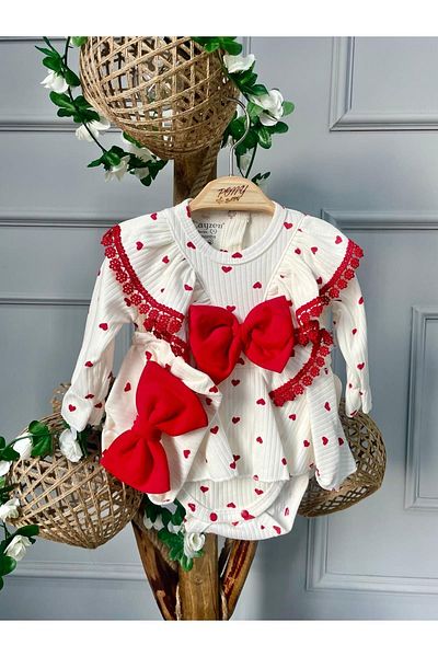 Pony Baby Red Lace Bow Girl's Romper Set Ecru-red