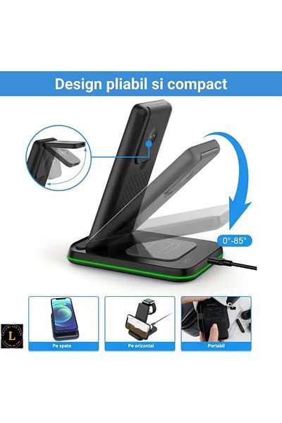 CR LUMI AND GABI Încărcător Pliabil Wireless 3 În 1, Iphone, Apple Watch, Încărcare Rapidă 15w, Lumină Ambientală