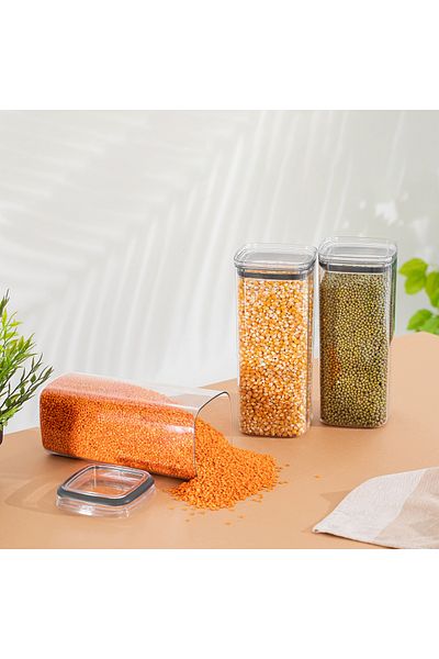 Stile Cucina Set of 5 Vacuum Sealed Square Food, Flour, Pulses Storage Containers - 1X700 ml - 2X1000 ml - 1X1400 ml - 1X2100 ml