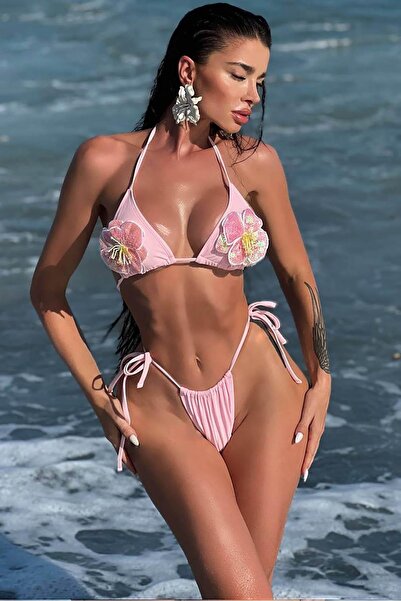 Bikini Mayokini Dünyası Λεπτομέρεια λουλουδιών Βραζιλιάνικο μπικίνι - Ροζ