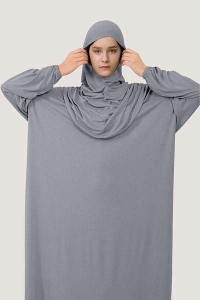 Mesa Charm Women's Hijab One Piece Organic Cotton Headscarf Plug and Pull Prayer Dress Gray