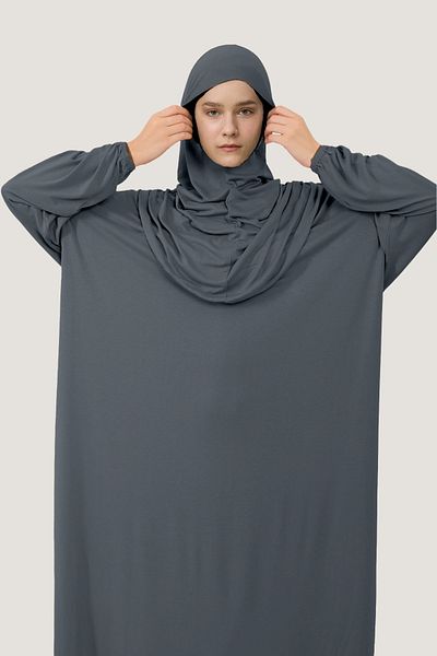 Mesa Charm Women's Hijab One Piece Organic Cotton Headscarf Plug and Remove Prayer Dress Smoked