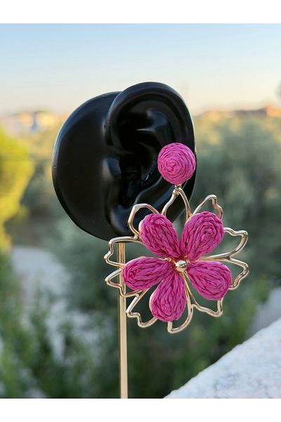 kems jewels Pink Flower Model Straw Steel Earrings