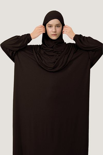 Mesa Charm Women's Hijab One Piece Organic Cotton Headscarf Plug and Pull Prayer Dress Chocolate