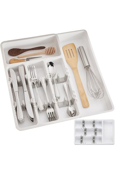 WELSMAR Extendable Cutlery Rack, Easy to Clean, Adjustable Inserts, 24-41 X 38.5 X 7 Cm, White