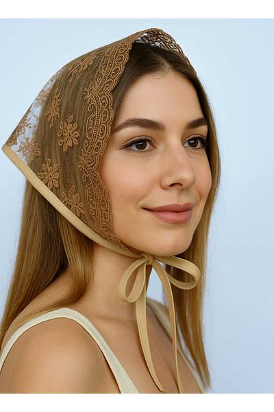 Handmade Betty Bands Brown Lace Tie-Up Scarf Hat – Elegant Women's Hair Accessory Bandana
