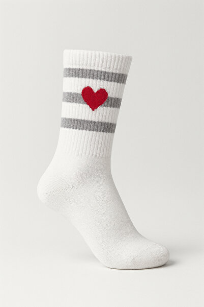 Hakan Collezione Set of 2 Heart Motif Striped White Socks