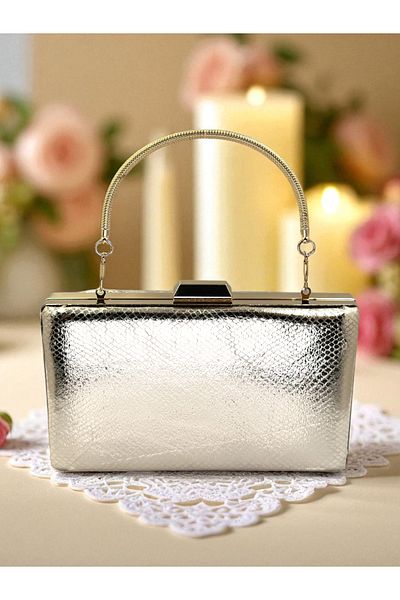Biçanta Gold Gold Dore Color Snake Pattern Shiny Leather Women's Evening Dress Bag Wedding Engagement Graduation