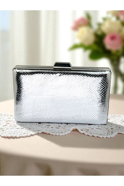 Biçanta Silver Gray Lame Color Snake Pattern Shiny Leather Women's Evening Dress Bag Wedding Engagement Graduation