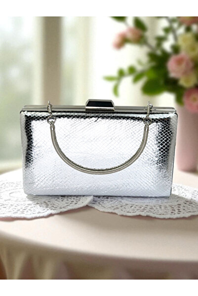 Biçanta Silver Gray Lame Color Snake Pattern Shiny Leather Women's Evening Dress Bag Wedding Engagement Graduation