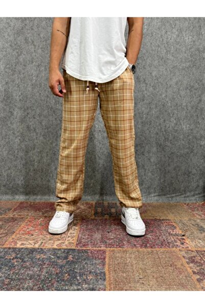 FıttingRoom Elastic Waist Cotton Linen Plaid Trousers