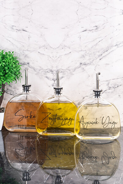 DNS HOME 3 Pieces Oval Glass Oil Pot with Label Gray Lid Sunflower Oil Olive Oil Vinegar Sauce Bowl 500 ml