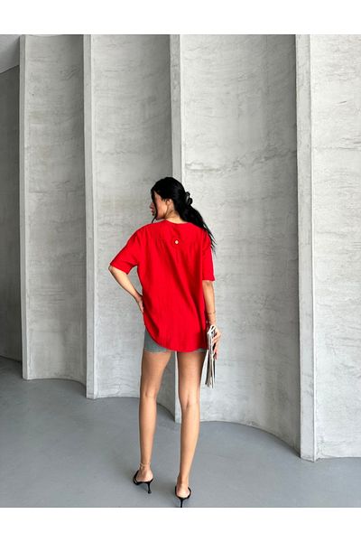 Butik Şans Short Sleeve Pocket Detailed Oversize Linen Shirt