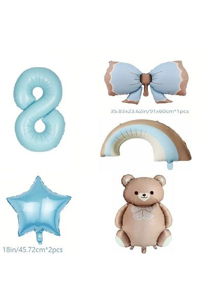 DÜVENCİ TİCARET Retro Blue Rainbow Bow Bear Foil Balloon Age Balloon Set