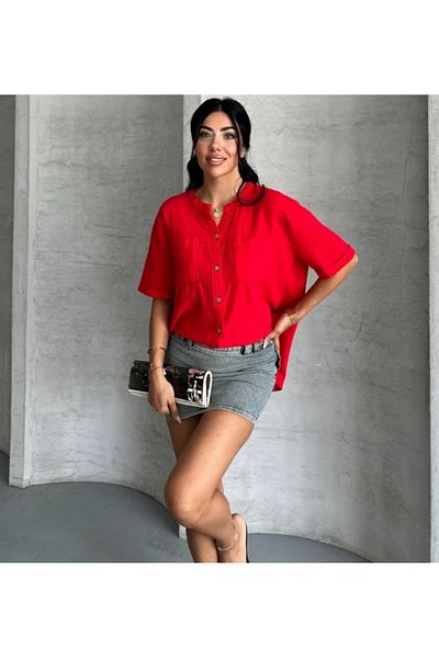 Butik Şans Short Sleeve Pocket Detailed Oversize Linen Shirt