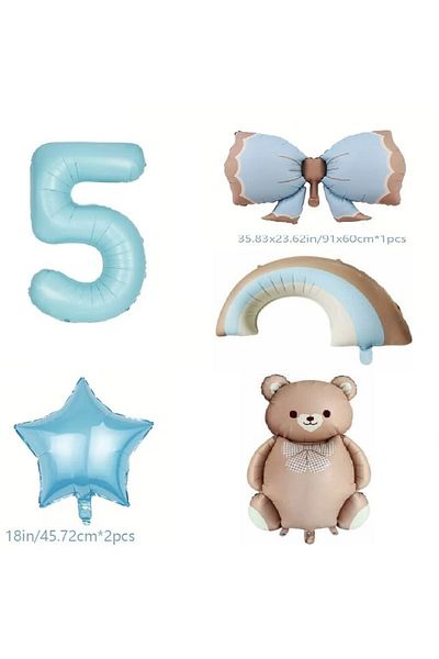 DÜVENCİ TİCARET Retro Blue Rainbow Bow Bear Foil Balloon Age Balloon Set