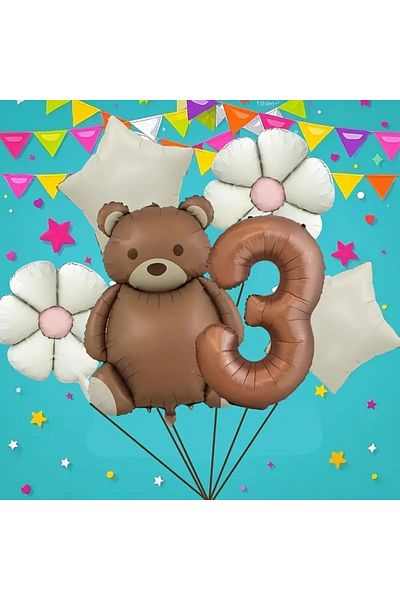 DÜVENCİ TİCARET 6Pcs Brown Bear Birthday Age Balloon Set