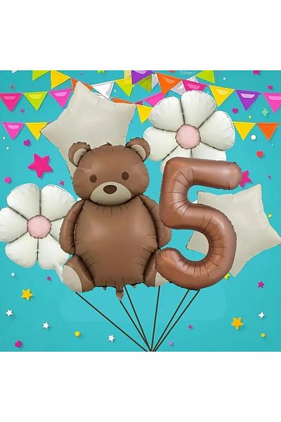 DÜVENCİ TİCARET 6Pcs Brown Bear Birthday Age Balloon Set