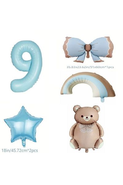 DÜVENCİ TİCARET Retro Blue Rainbow Bow Bear Foil Balloon Age Balloon Set
