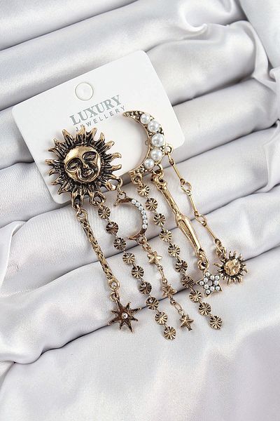Avantaj Kapıda ®   Antique Model Hanging Earrings with Brass Zircon Stone Sun and Moon Figures
