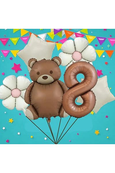 DÜVENCİ TİCARET 6Pcs Brown Bear Birthday Age Balloon Set
