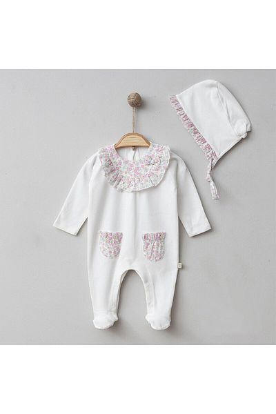 COLORFULLCLİPS Floral Patterned Seasonal Ecru Jumpsuit-0-3 Months