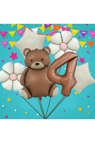 DÜVENCİ TİCARET 6Pcs Brown Bear Birthday Age Balloon Set
