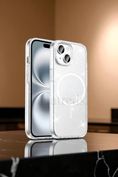 Hatreds Apple iPhone 15 Plus Kılıf M-safe Şarj Özellikli Parlayan Simli Sayda...