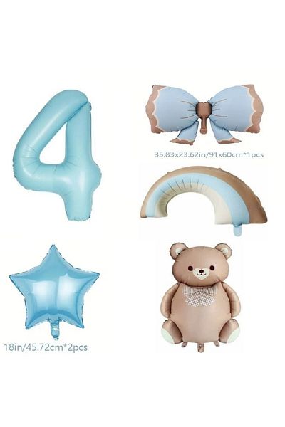 DÜVENCİ TİCARET Retro Blue Rainbow Bow Bear Foil Balloon Age Balloon Set