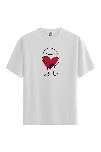 Color Luxe Men/Unisex White 100% Cotton Relaxed Fit Crew Neck Heart Hug Custo...