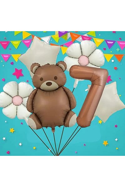 DÜVENCİ TİCARET 6Pcs Brown Bear Birthday Age Balloon Set