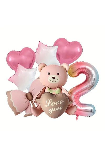 DÜVENCİ TİCARET Cute Teddy Bear and Ribbon Birthday Age Balloon Set