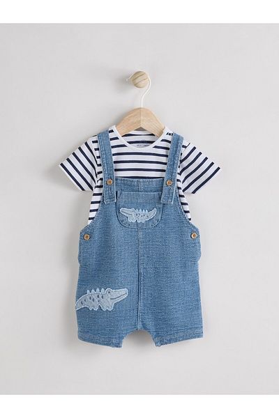 Next Baby Cotton Blue Denim Crocodile Patterned Overalls Bodysuit Set
