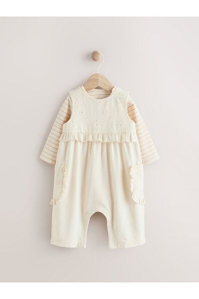 Next Baby 100% Cotton Cream Ruffled Overalls Bodysuit Set