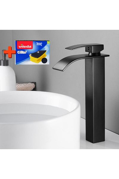 TrioStore Premium Bathroom Sink Faucet, Waterfall Type, Vileda Glitzi Dishwashing Sponge, 30 cm High Spout