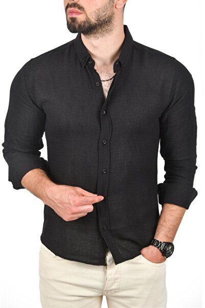 DeepSEA Ανδρικό μαύρο πουκάμισο με λεπτή εφαρμογή 100% βαμβακερό λινό πουκάμισο με λεπτή εφαρμογή με υφή λινό πουκάμισο 2501302