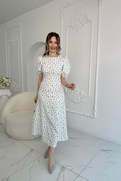Butik Digital Flower Printed Atlas Fabric Blue Dress