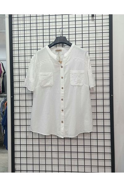 Butik Şans Guipure Detailed Short Sleeve Pocket Cotton Shirt