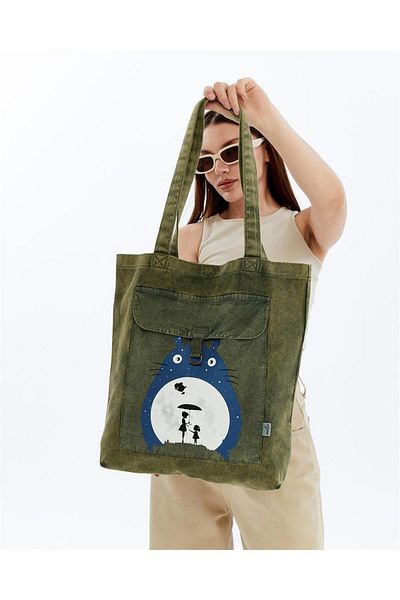 S-Ponder Totoro Printed 100% Cotton Snap Closure Tote Bag Cloth Shoulder Bag