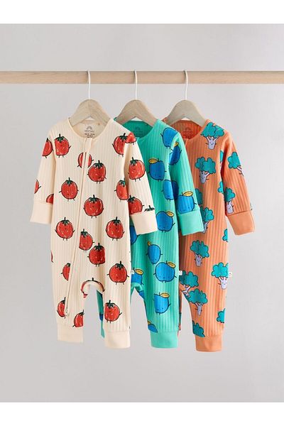 Next Baby 100% Cotton Cream Orange Vegetable Patterned 3-Piece Sleepsuit Set
