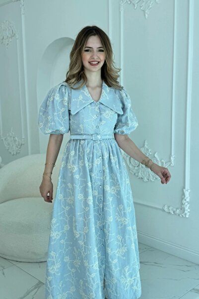 HELİS BUTİK Rochie albastră cu mâneci balon cu guler ascuțit pentru bebeluși