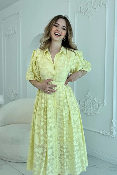 HELİS BUTİK Belted Balloon Sleeve Jacquard Yellow Dress