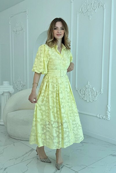 HELİS BUTİK Belted Balloon Sleeve Jacquard Yellow Dress