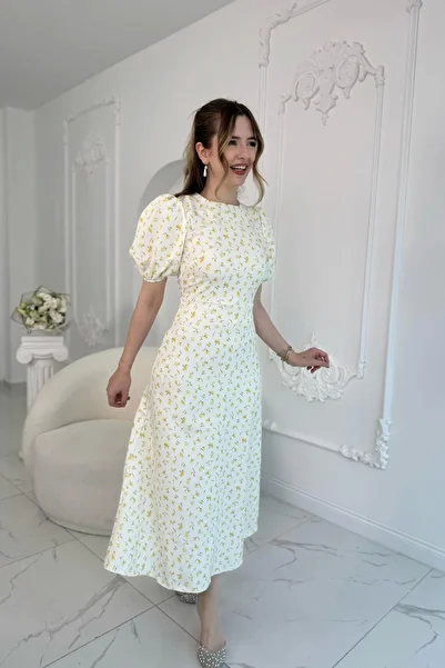 HELİS BUTİK Digital Floral Printed Atlas Fabric Yellow Dress