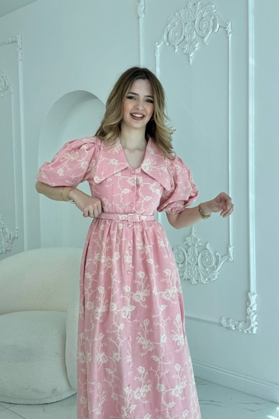HELİS BUTİK Pointed Baby Collar Balloon Sleeve Pink Brode Dress