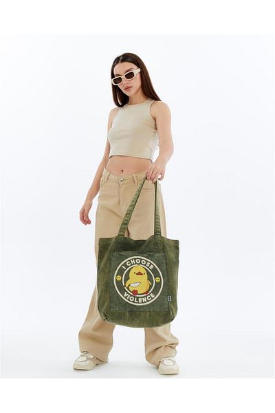 S-Ponder Horned Chick Printed 100% Cotton Snap Closure Tote Bag Cloth Shoulder Bag